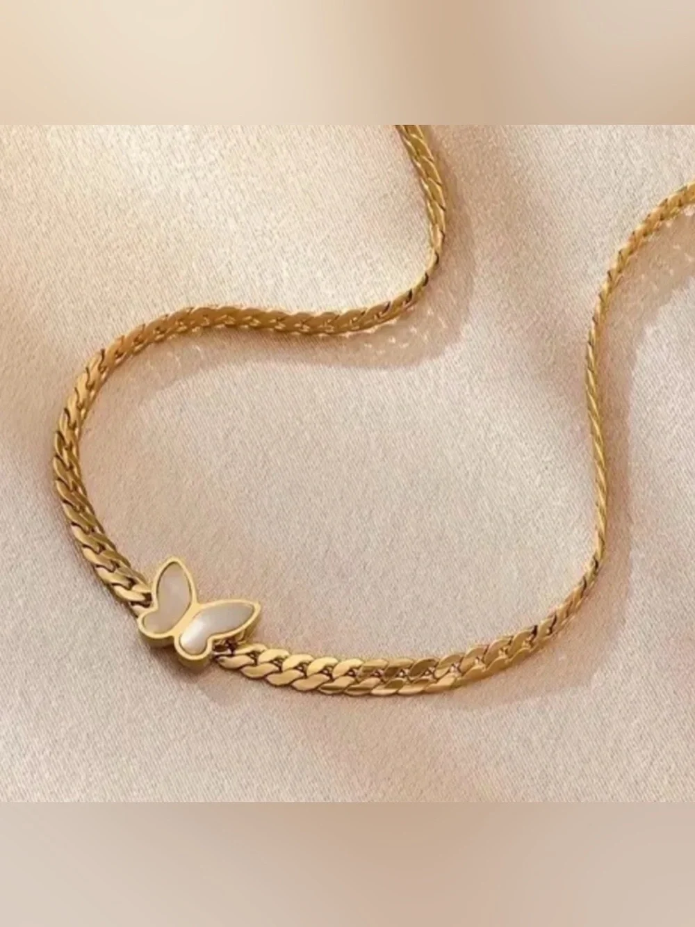 Dainty Mother of Pearl Butterfly Pendant Gold Plated Cuban Chain Necklace Boho